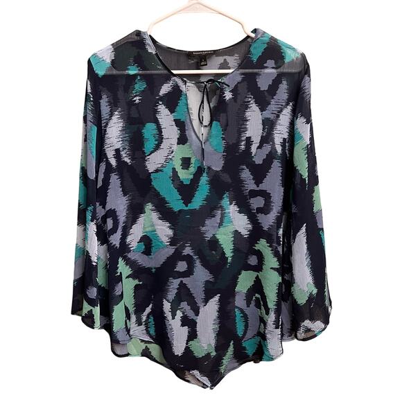 Banana Republic Tops - Banana Republic Blue Ikat Print Riviera Split-Neck Boho Top Long Sleeve Size L